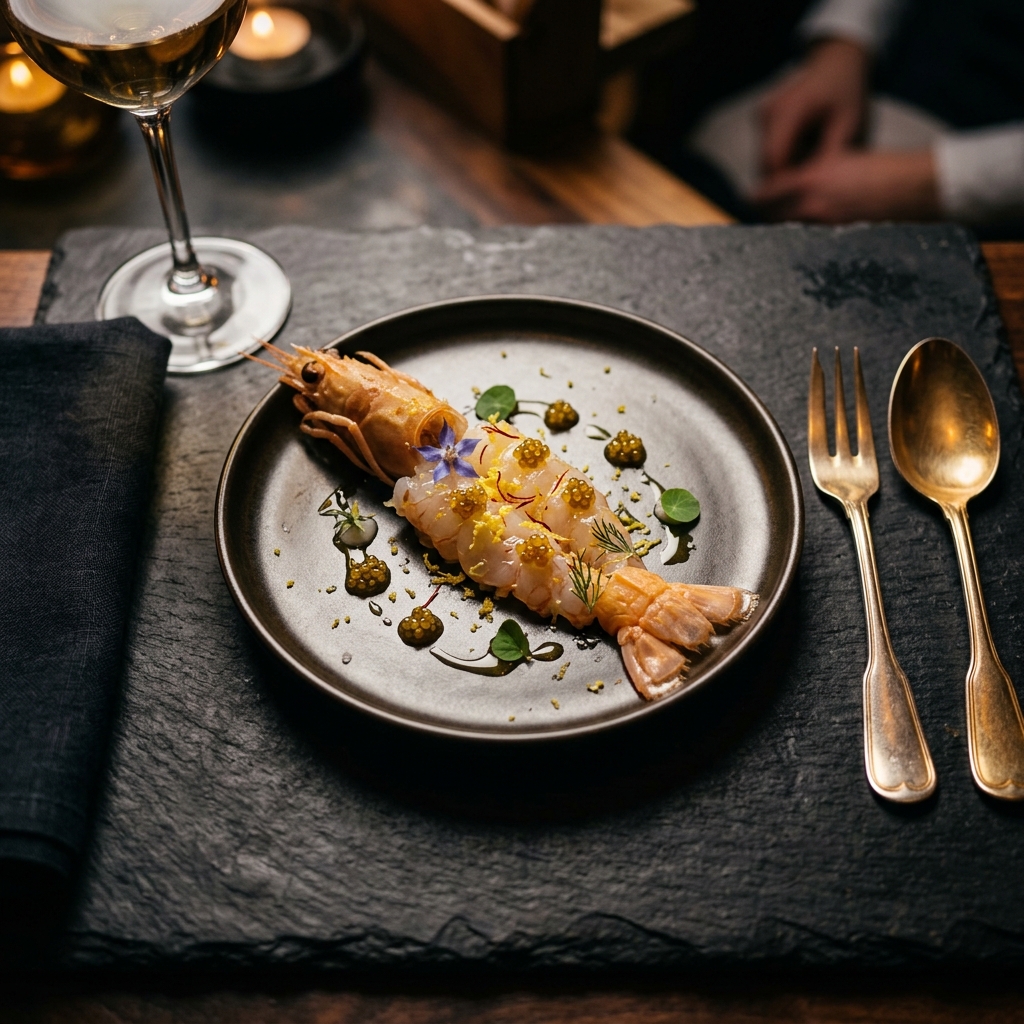 Menu Degustazione Mare: piatto gourmet con crudo di scampo reale e caviale Osietra su ardesia scura