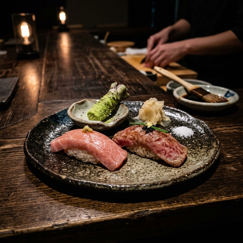 Serata Omakase Sushi: nigiri di tonno rosso Bluefin e Wagyu A5 su banco di legno scuro